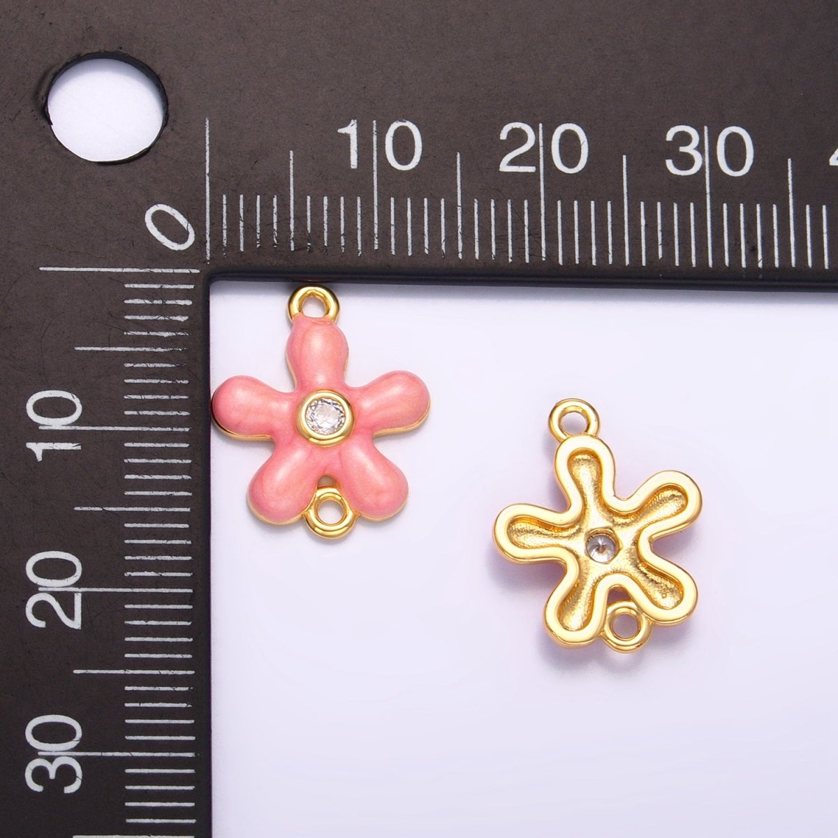 24K Gold Filled Pink Enamel CZ Flower Connector | F767