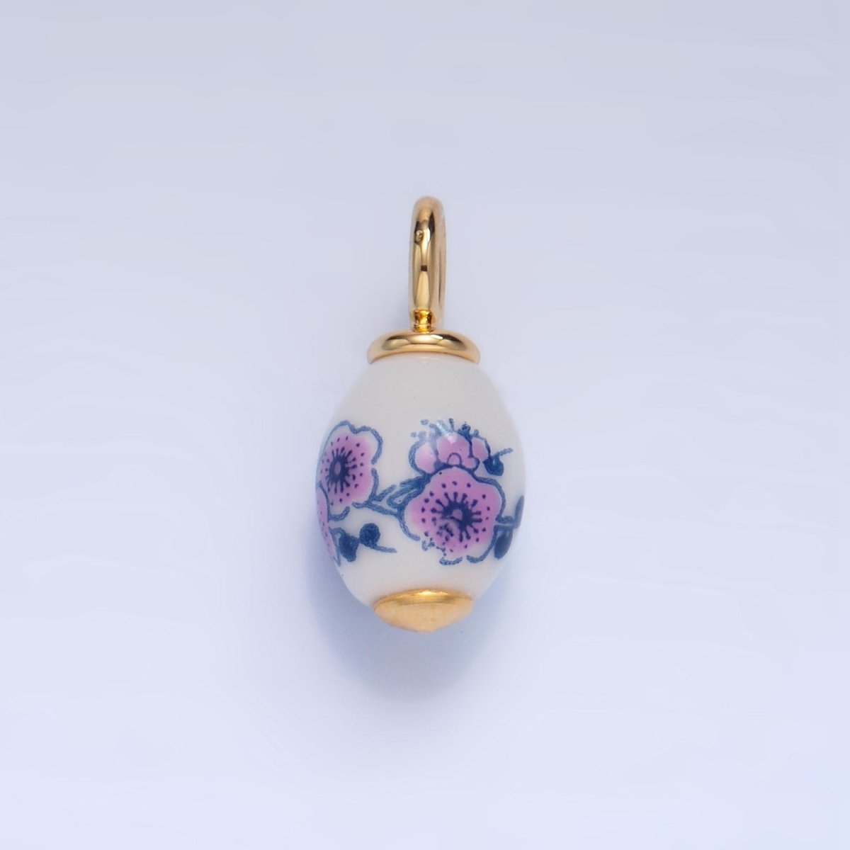 24K Gold Filled Pink Flowers White Ceramic Drop Charm | W120