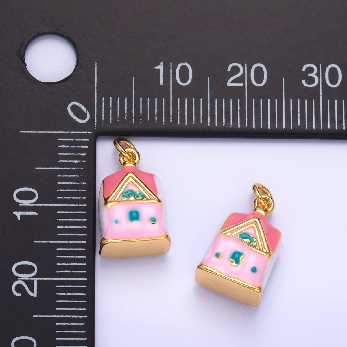 24K Gold Filled Pink House Enamel Ceramic Multidimensional 3D Drop Charm | W251