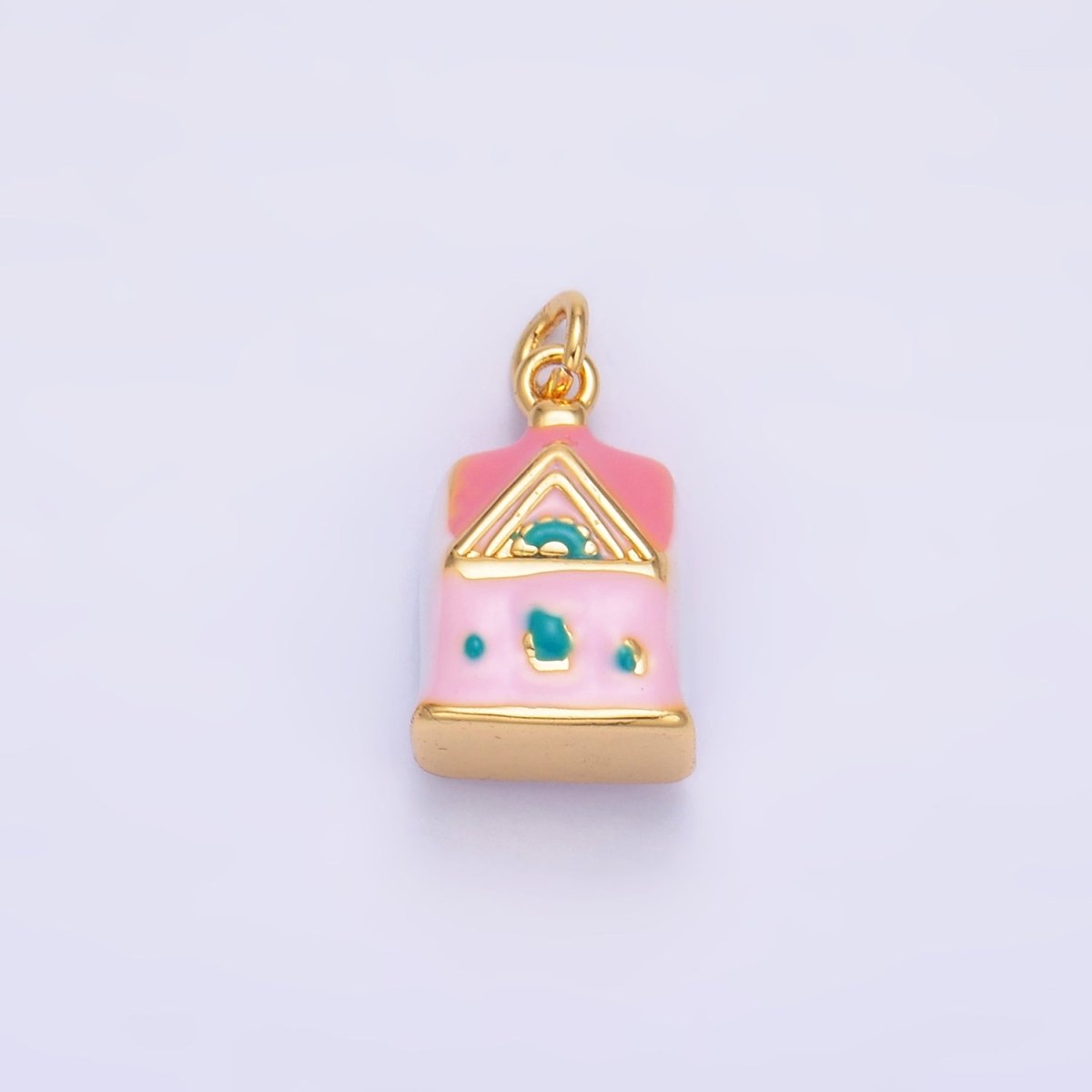 24K Gold Filled Pink House Enamel Ceramic Multidimensional 3D Drop Charm | W251