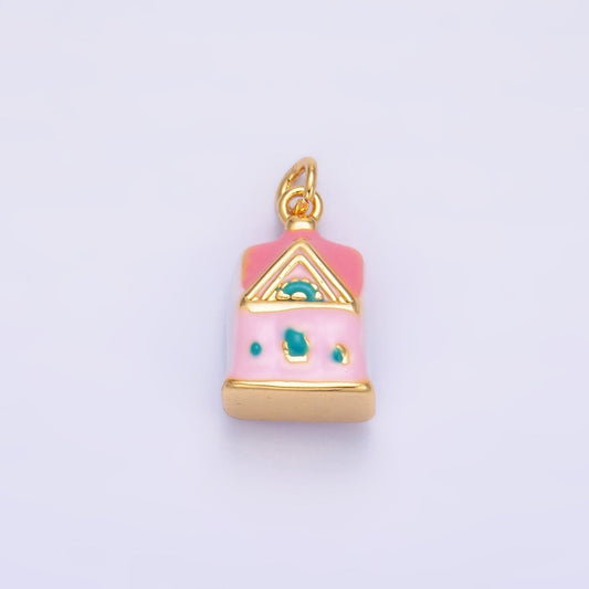 24K Gold Filled Pink House Enamel Ceramic Multidimensional 3D Drop Charm | W251