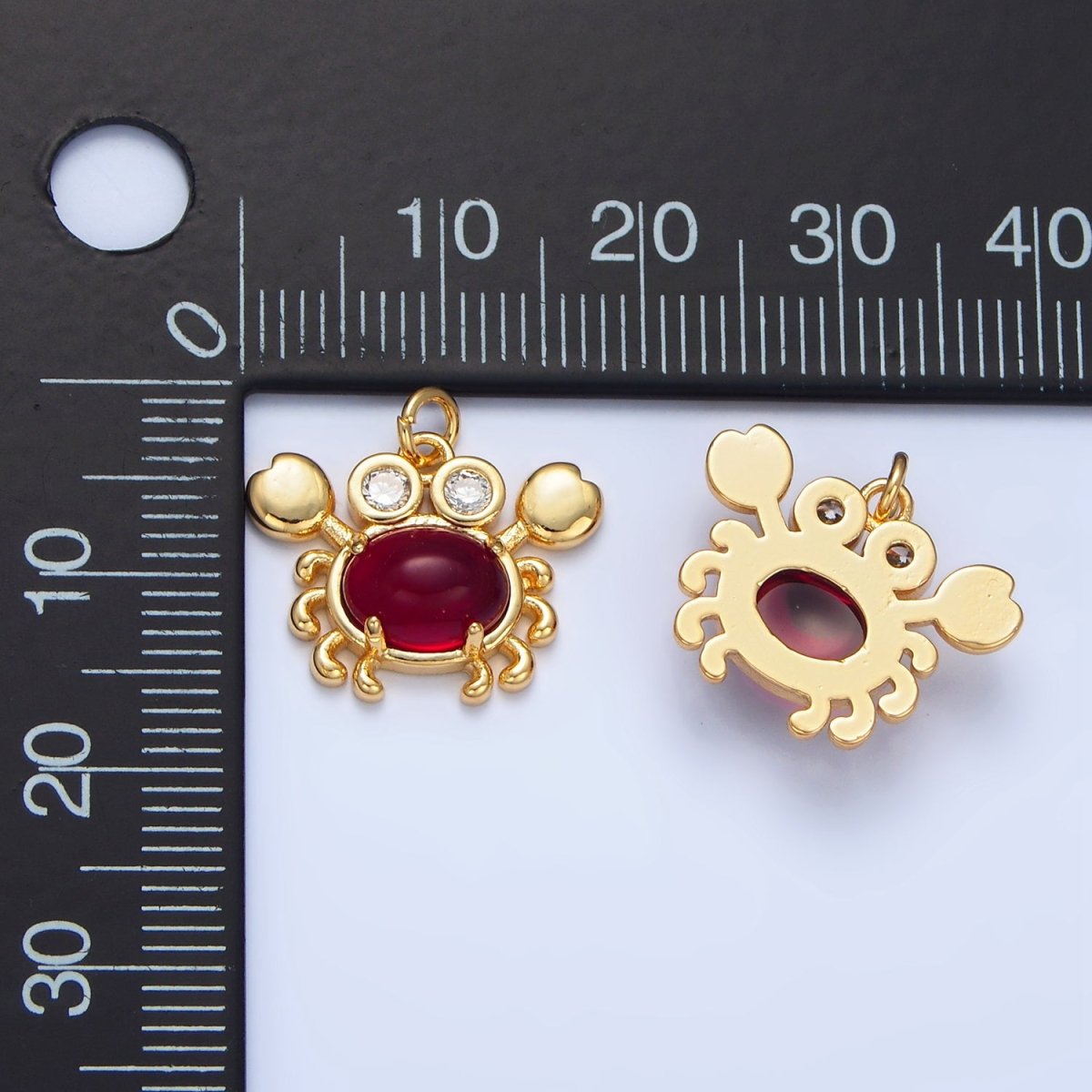 24K Gold Filled Red Carnelian Gemstone CZ Crab Sea Animal Charm | W082