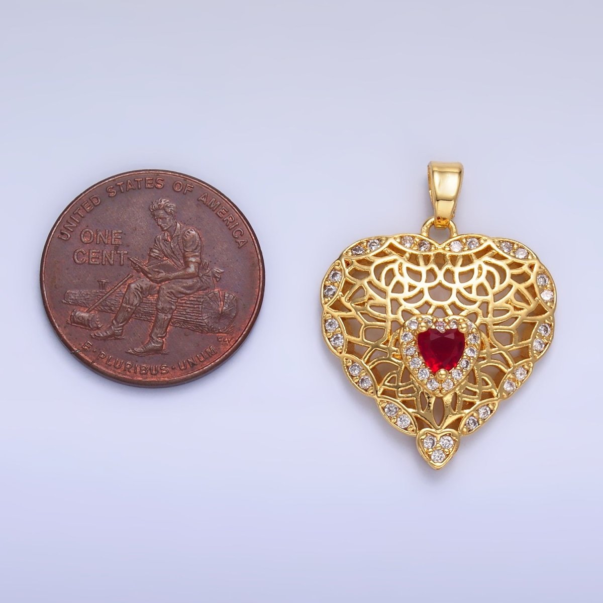 24K Gold Filled Red CZ Micro Paved CZ Filigree Heart Pendant | AA1423