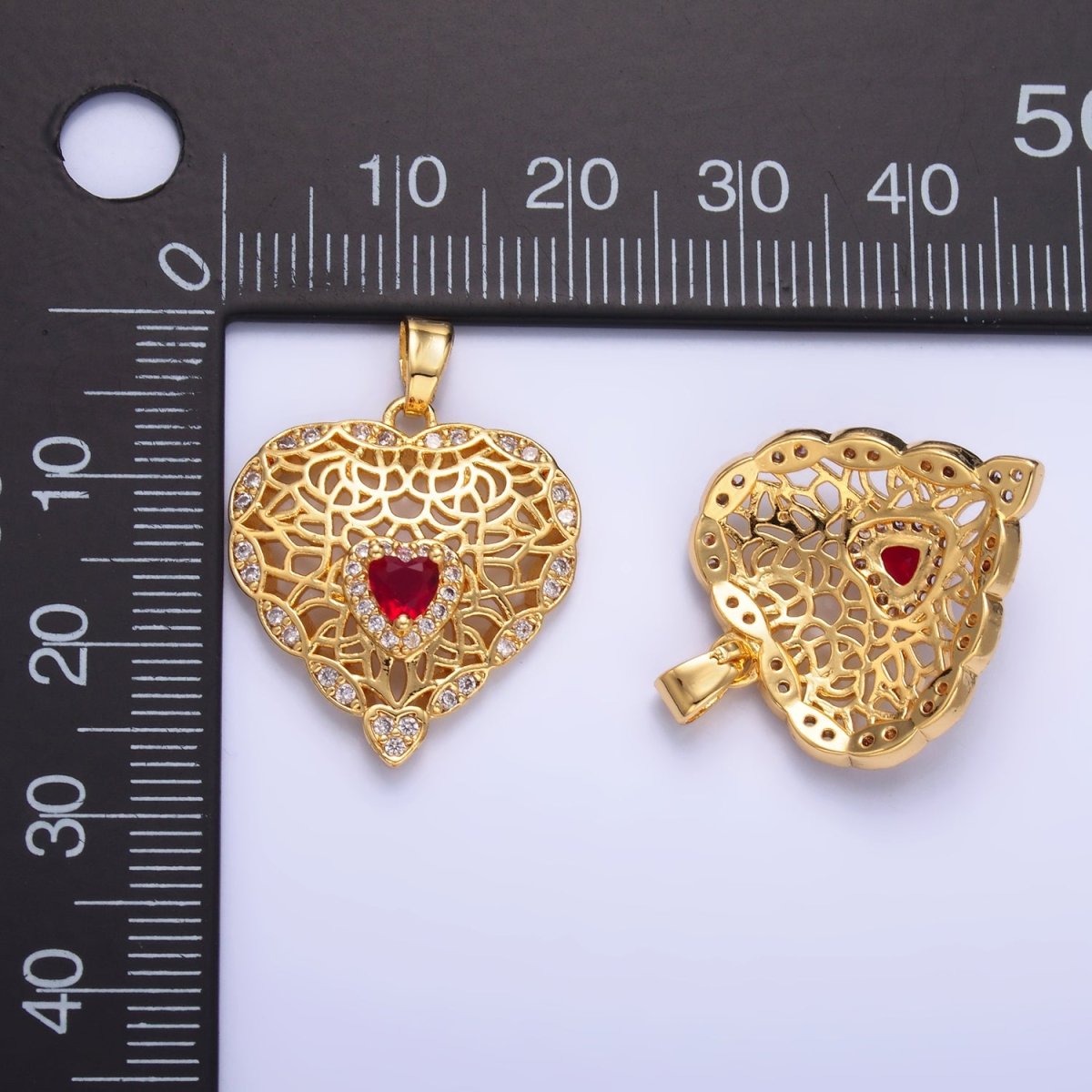 24K Gold Filled Red CZ Micro Paved CZ Filigree Heart Pendant | AA1423