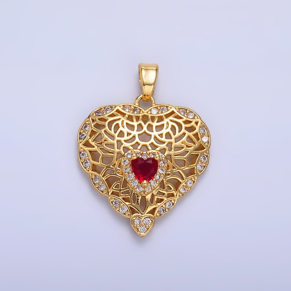 24K Gold Filled Red CZ Micro Paved CZ Filigree Heart Pendant | AA1423