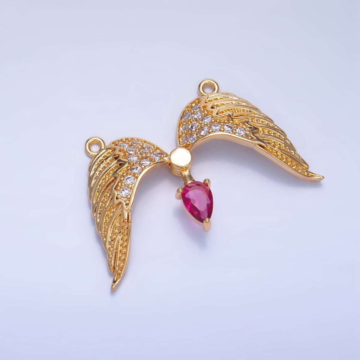 24K Gold Filled Red CZ Micro Paved Feather Wings Connector | F712