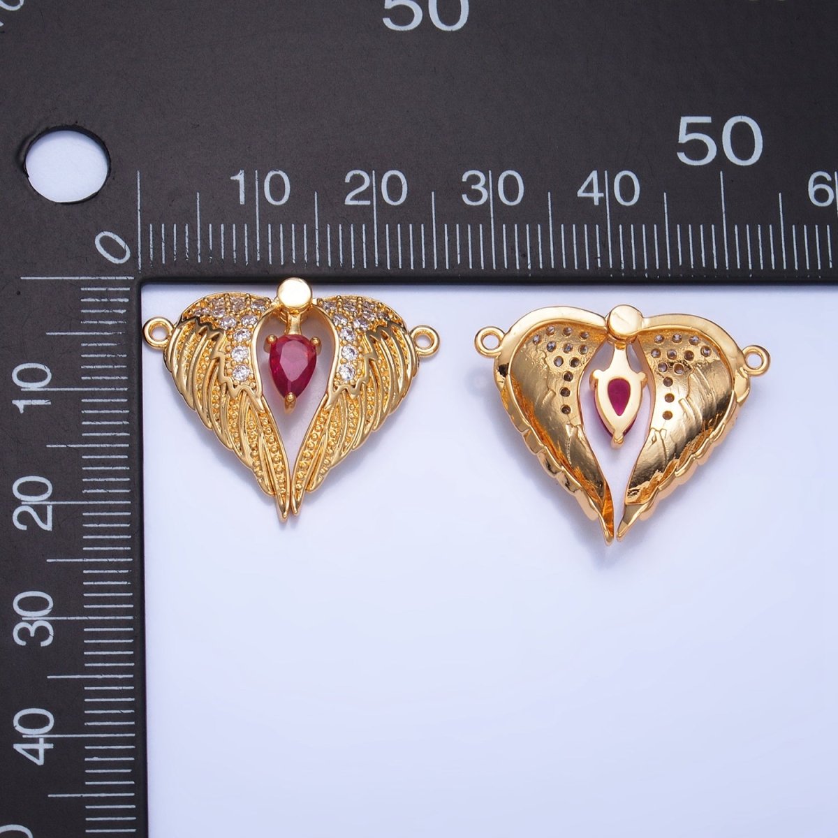 24K Gold Filled Red CZ Micro Paved Feather Wings Connector | F712