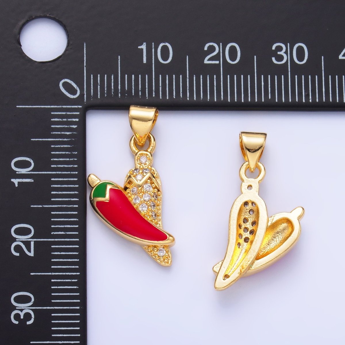 24K Gold Filled Red Enamel Micro Paved CZ Chili Pepper Pendant | AA1153