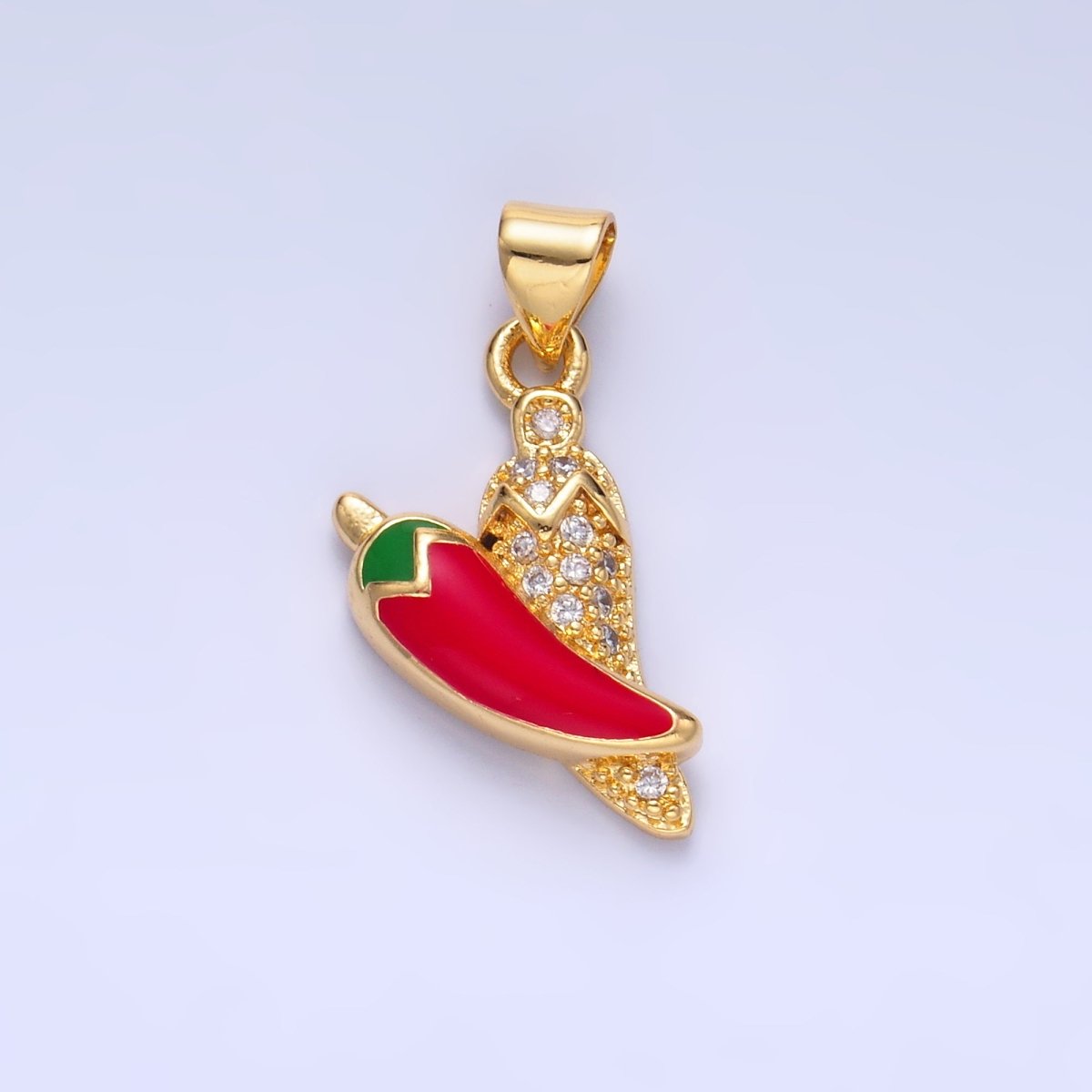24K Gold Filled Red Enamel Micro Paved CZ Chili Pepper Pendant | AA1153