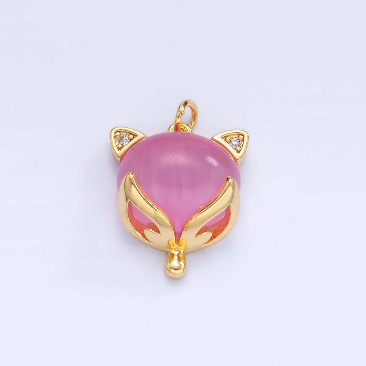 24K Gold Filled Red, Pink Cats Eye Gemstone Micro Paved CZ Cat Charm | W108