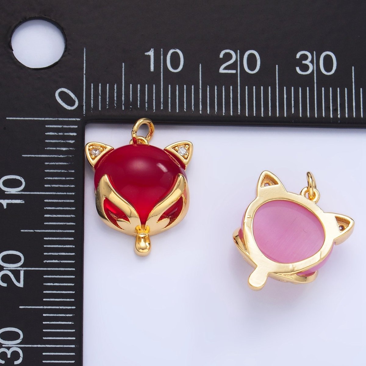 24K Gold Filled Red, Pink Cats Eye Gemstone Micro Paved CZ Cat Charm | W108