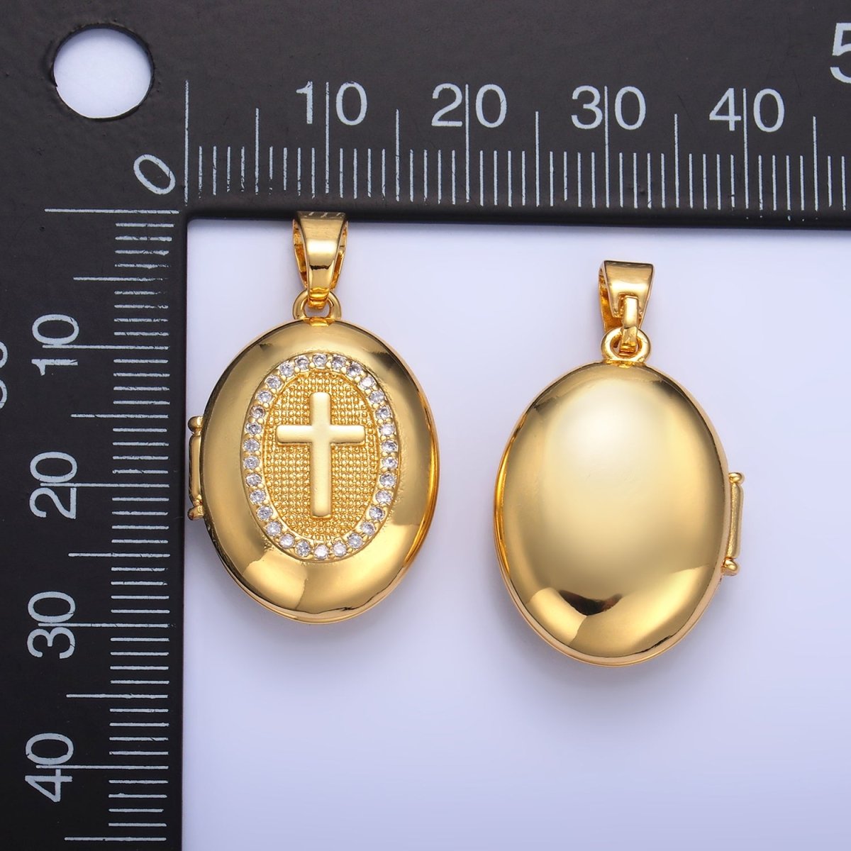 24K Gold Filled Religious Cross Micro Paved CZ Oval Locket Pendant | AA1087
