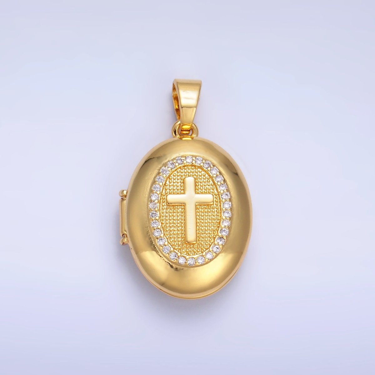24K Gold Filled Religious Cross Micro Paved CZ Oval Locket Pendant | AA1087