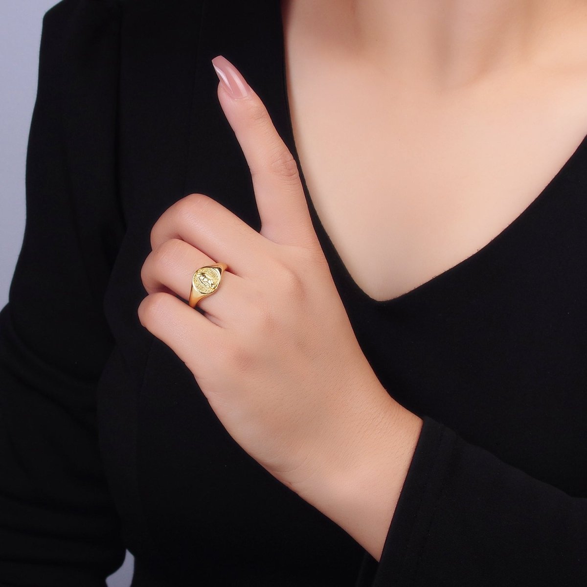 24K Gold Filled Religious Mother Mary Ribbed Signet Ring | O304