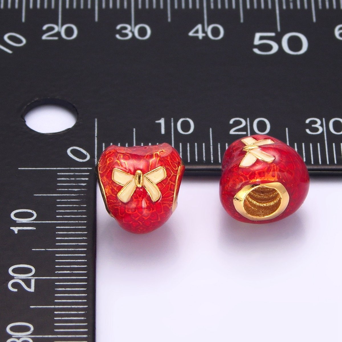 24K Gold Filled Ribbon Red Enamel Geometric Bead | B080