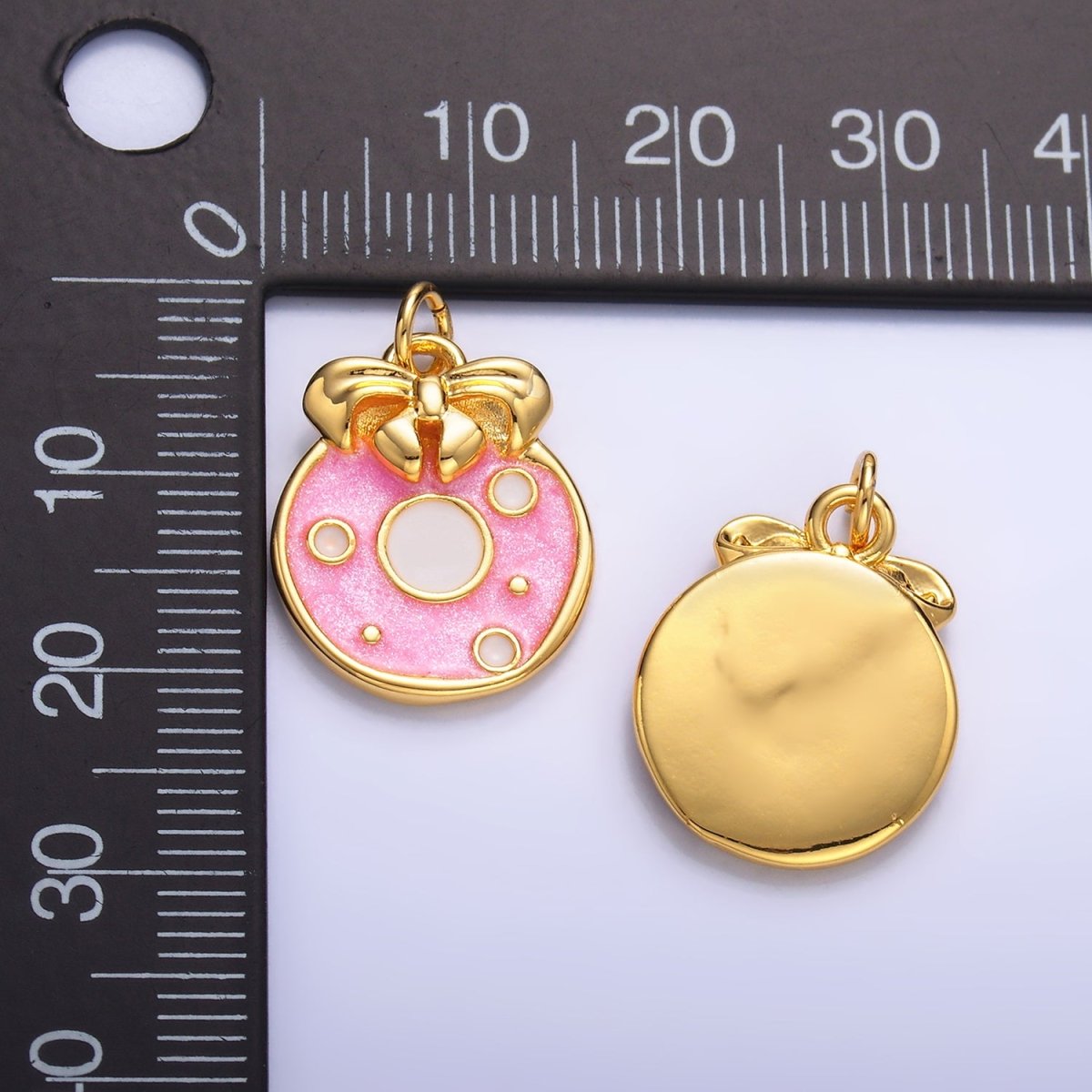 24K Gold Filled Ribbon Sweet Donut Pink Enamel Charm | W441