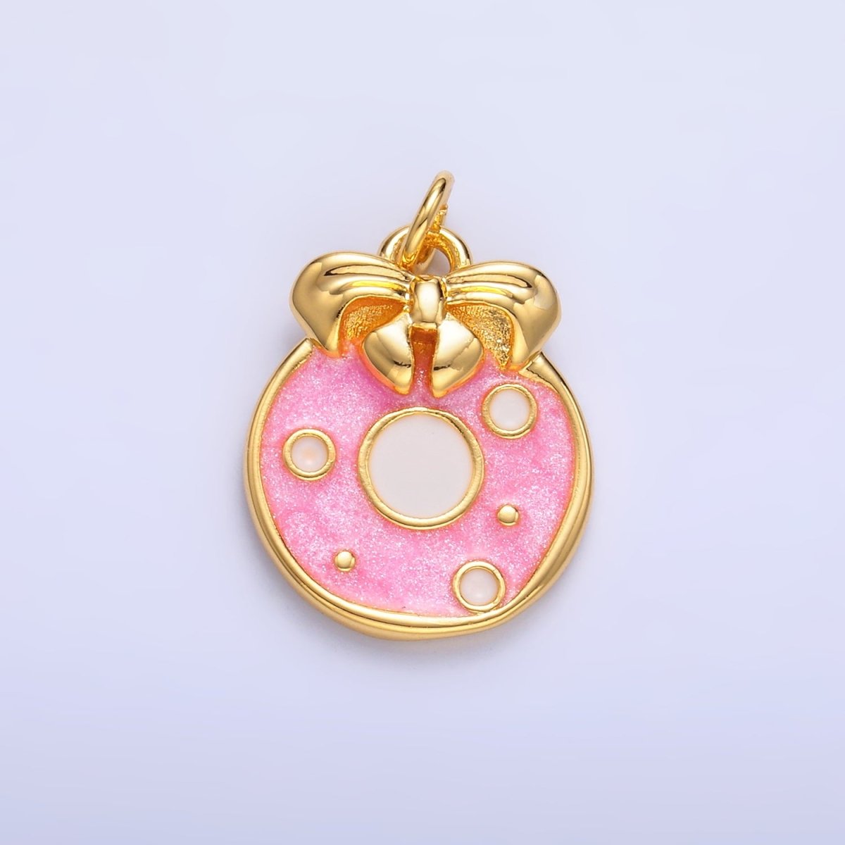 24K Gold Filled Ribbon Sweet Donut Pink Enamel Charm | W441