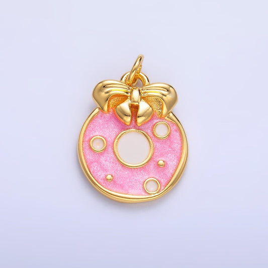 24K Gold Filled Ribbon Sweet Donut Pink Enamel Charm | W441