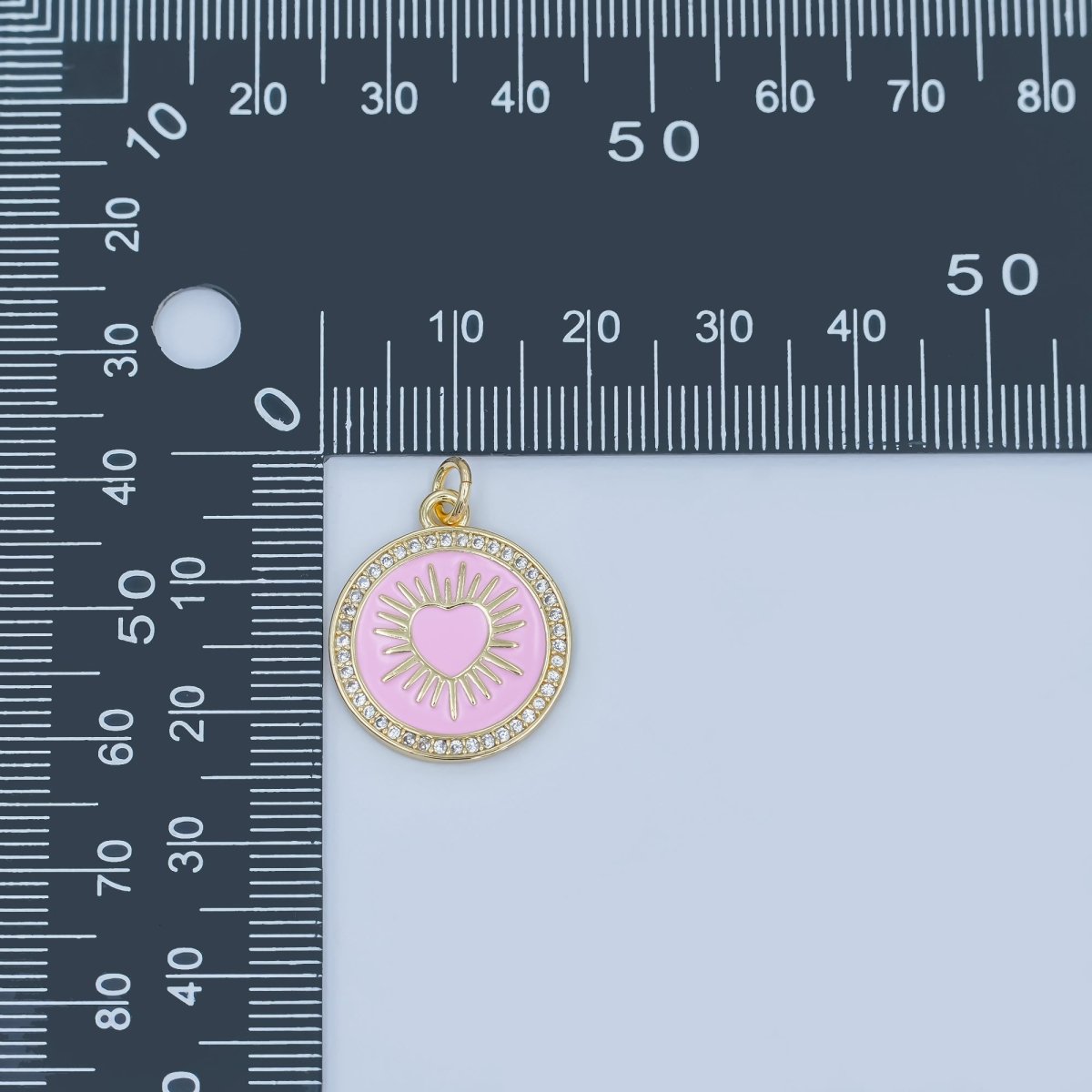 24K Gold Filled Sacred Heart Pink Enamel Micro Paved Round Charm | M185