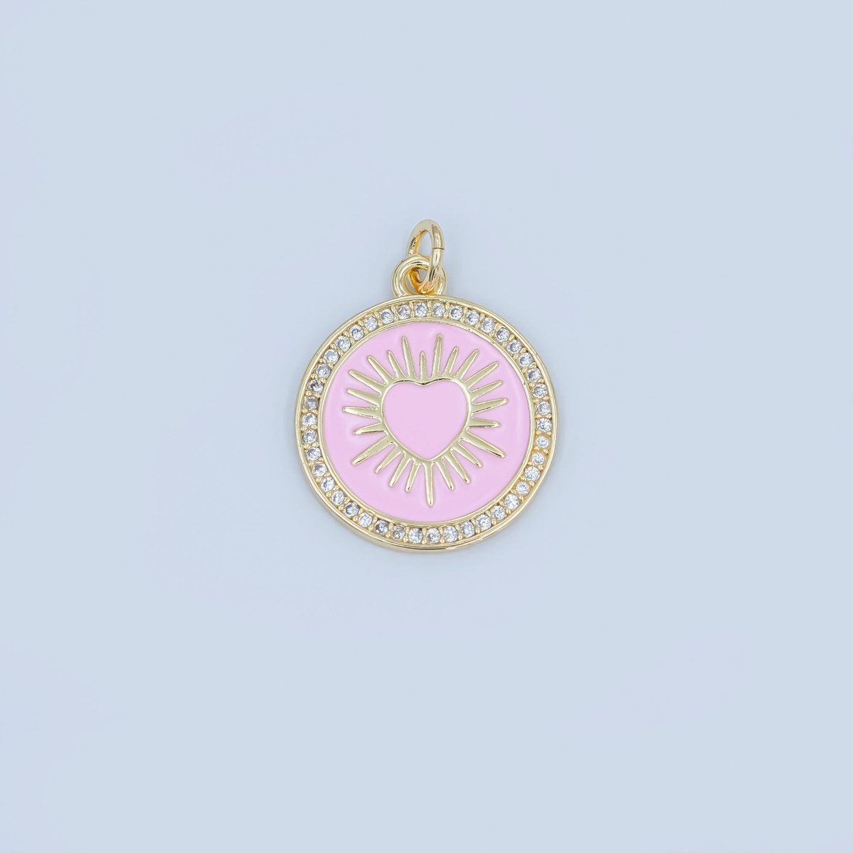 24K Gold Filled Sacred Heart Pink Enamel Micro Paved Round Charm | M185