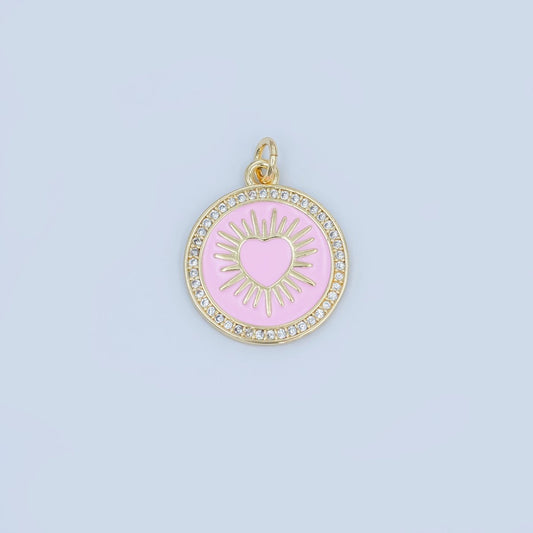 24K Gold Filled Sacred Heart Pink Enamel Micro Paved Round Charm | M185