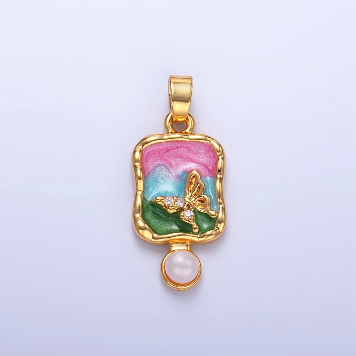 24K Gold Filled Shell Pearl Butterfly CZ Multicolor Enamel Molten Pendant | AA1037