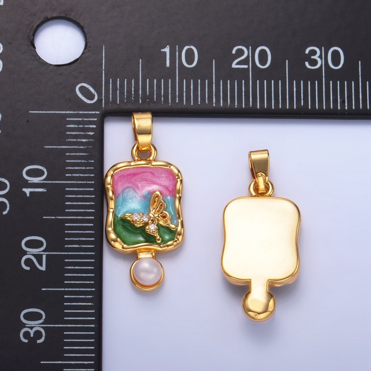 24K Gold Filled Shell Pearl Butterfly CZ Multicolor Enamel Molten Pendant | AA1037