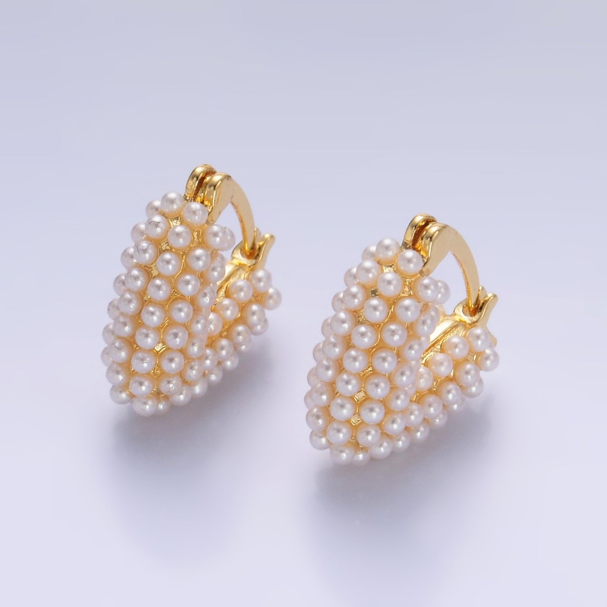 24K Gold Filled Shell Pearl Dotted Heart V-Shaped Latch Hoop in Gold & Silver | AB694 AB695