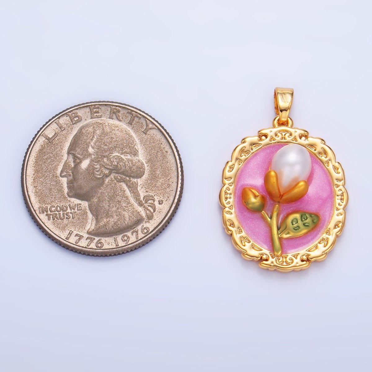 24K Gold Filled Shell Pearl Flower Pink Enamel Pendant | AA1075