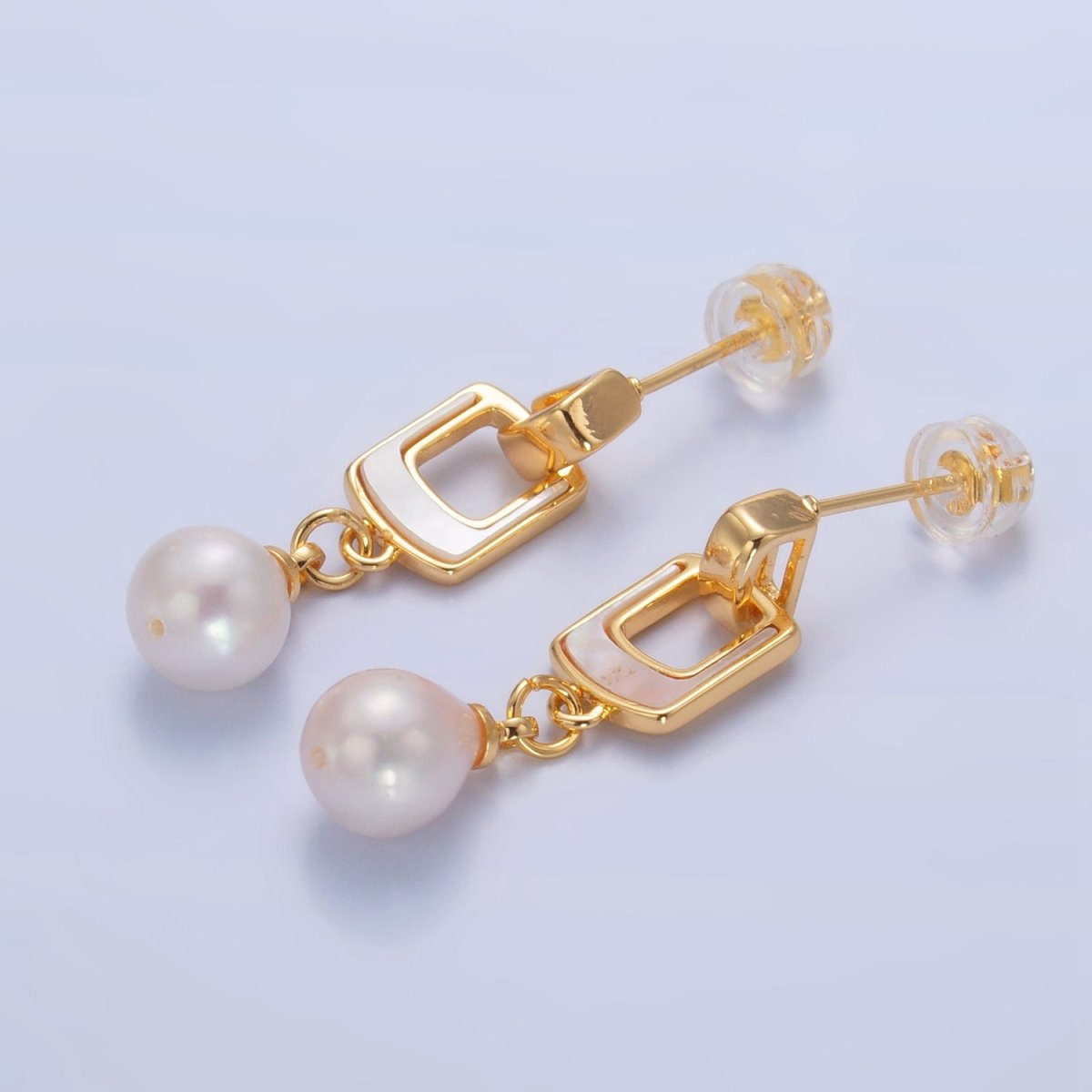 24K Gold Filled Shell Pearl Geometric Drop Stud Earrings | AD284