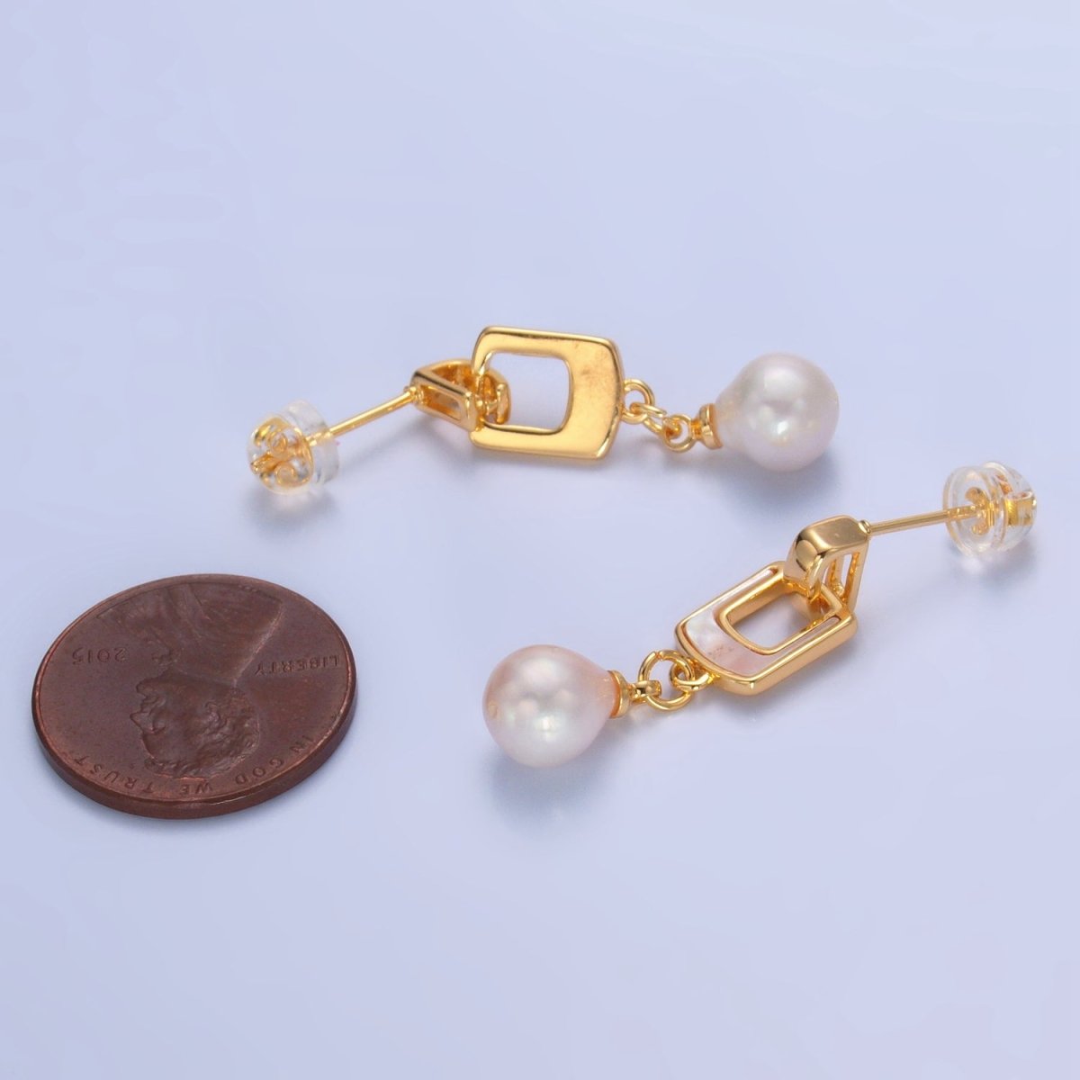 24K Gold Filled Shell Pearl Geometric Drop Stud Earrings | AD284
