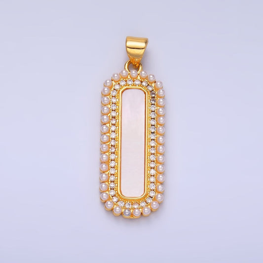 24K Gold Filled Shell Pearl Micro Paved CZ Lined Rectangular Tag Pendant | AA1204