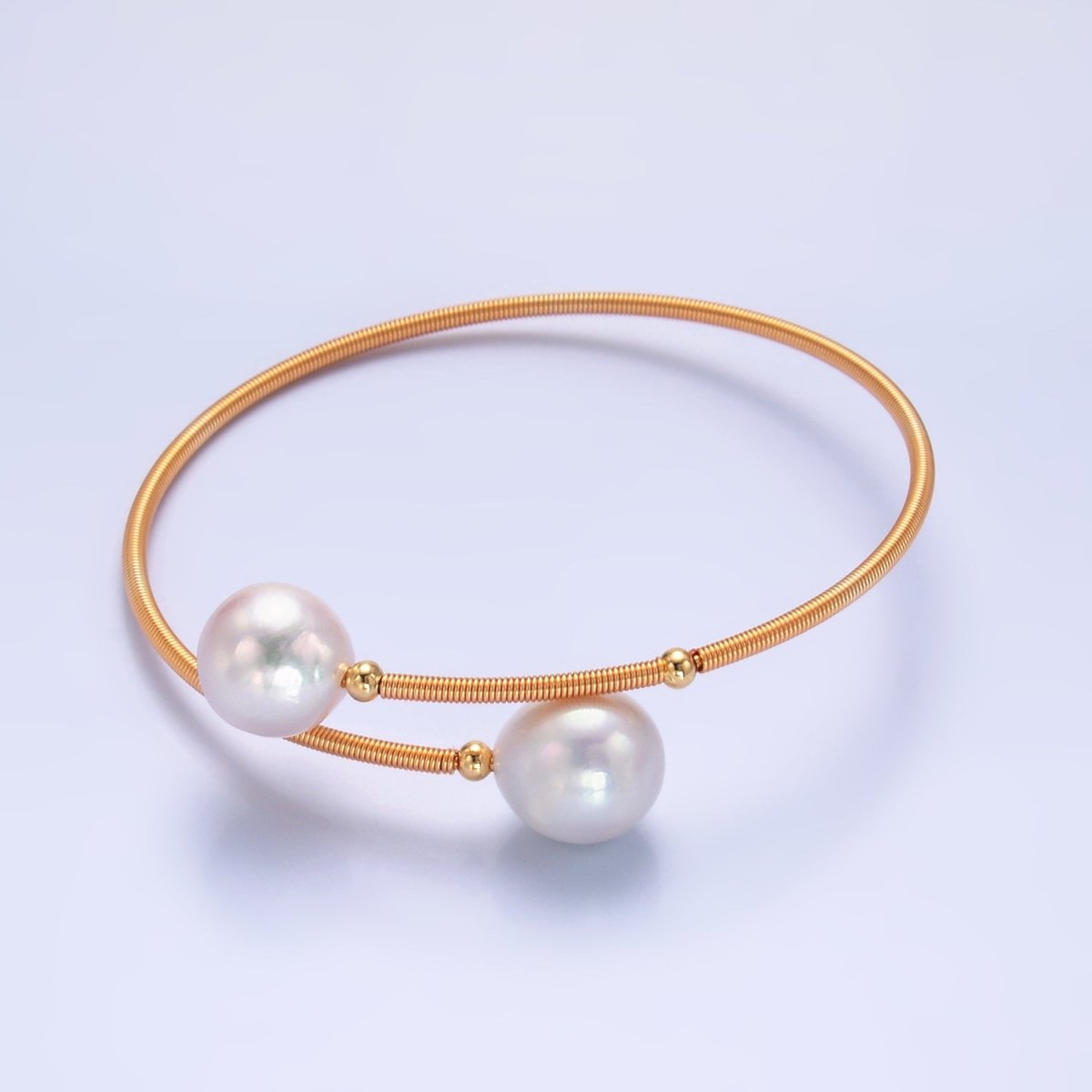 24K Gold Filled Shell Pearl Ribbed Spring Wrap Cuff Bracelet | WA-2716