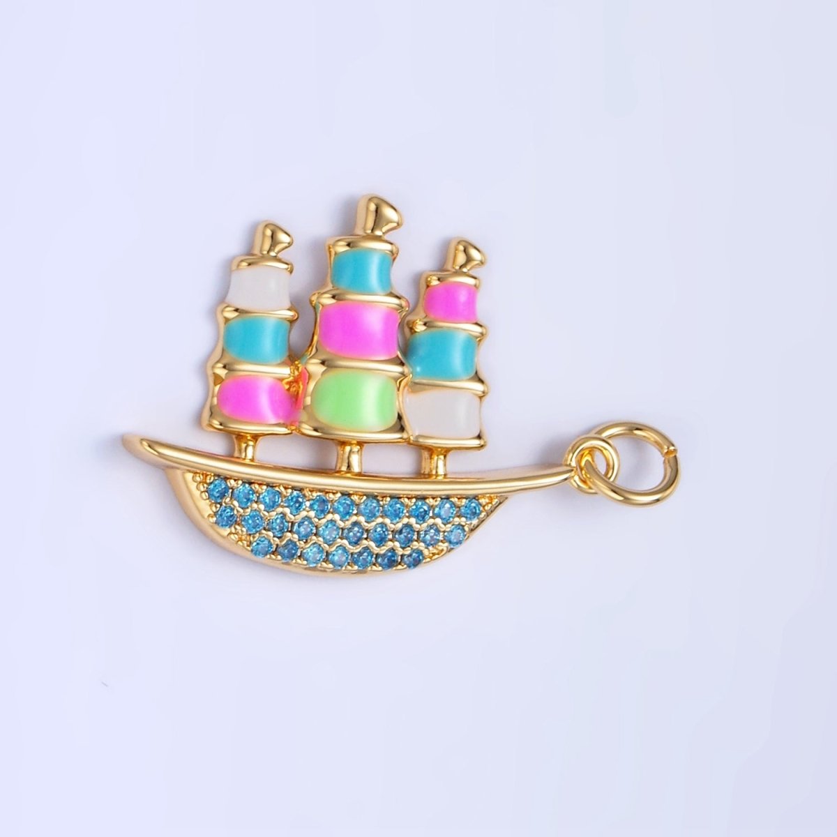 24K Gold Filled Ship Travel Micro Paved CZ Enamel Charm | W110