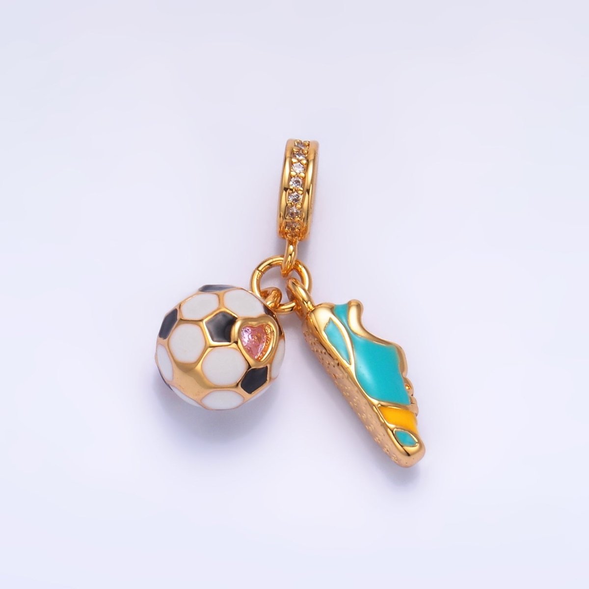 24K Gold Filled Sports Soccer Ball Shoes Enamel Micro Paved CZ Rhondelle Drop Pendant | W334