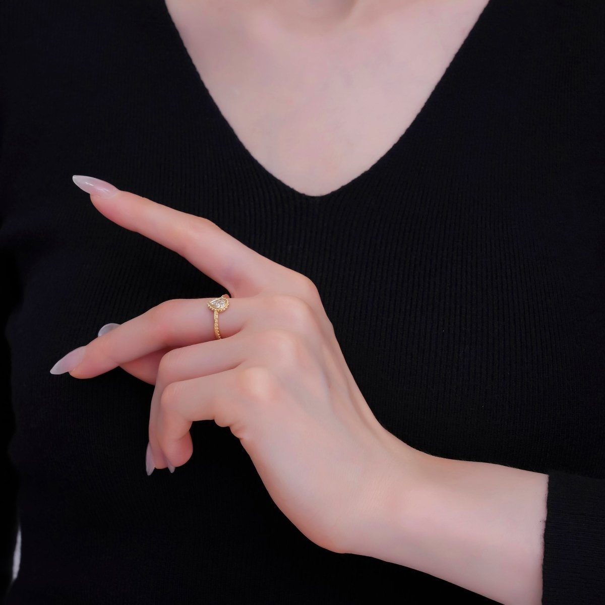 24K Gold Filled Teardrop CZ Micro Paved Dotted Ring in Silver & Gold | O730 O731