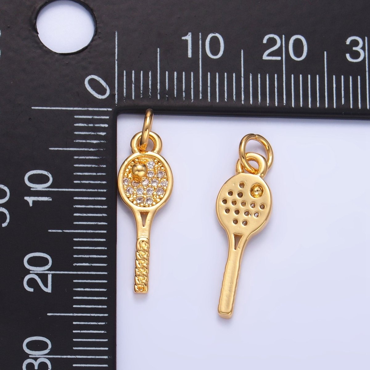 24K Gold Filled Tennis Racket Micro Paved CZ Sports Multidimensional 3D Charm | W117