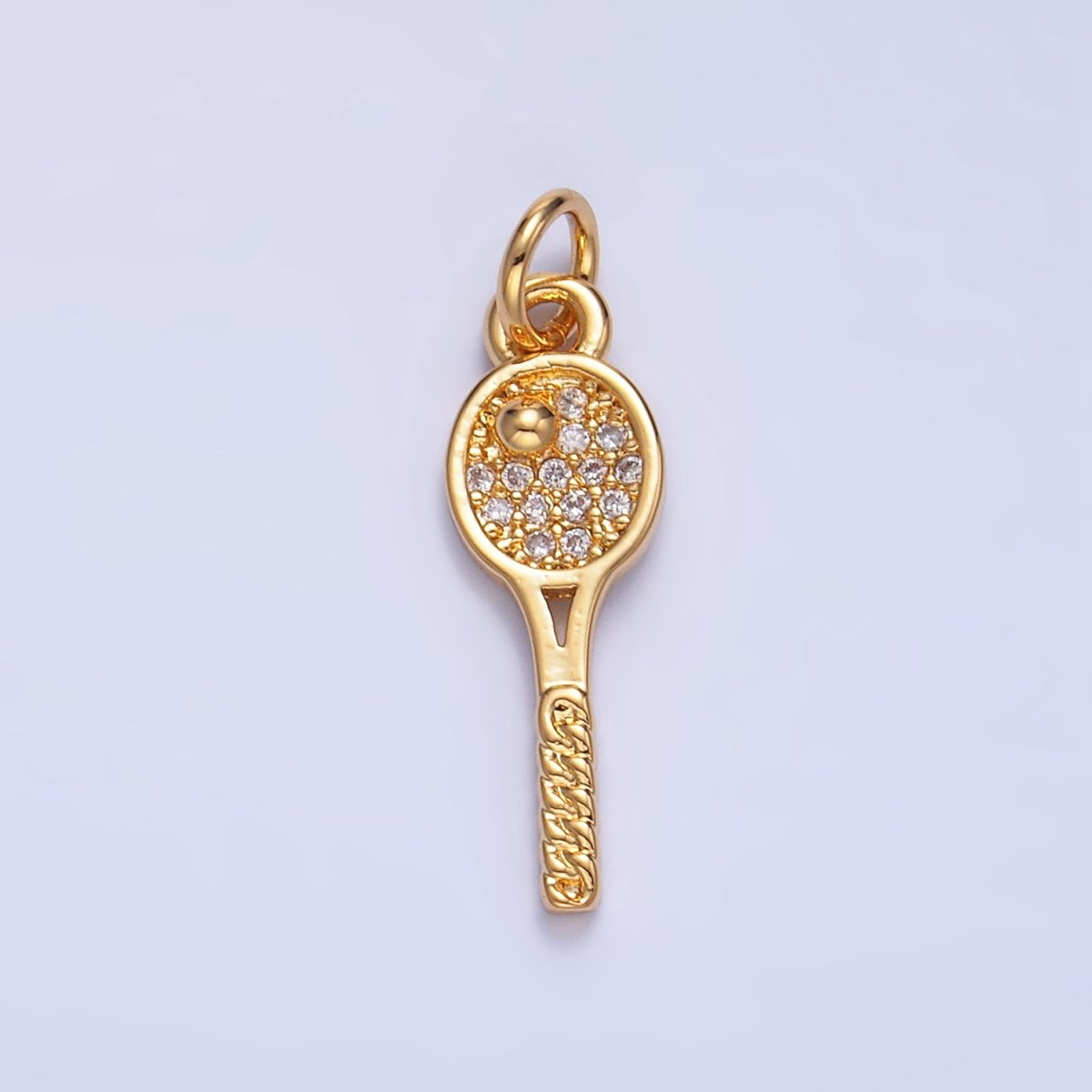 24K Gold Filled Tennis Racket Micro Paved CZ Sports Multidimensional 3D Charm | W117
