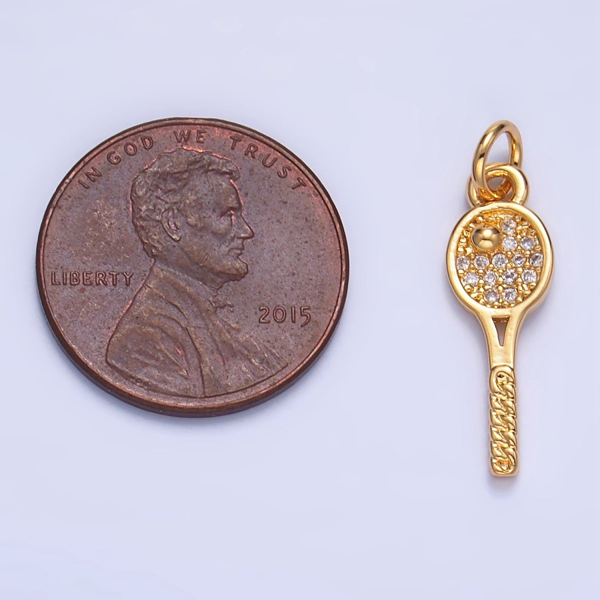 24K Gold Filled Tennis Racket Micro Paved CZ Sports Multidimensional 3D Charm | W117