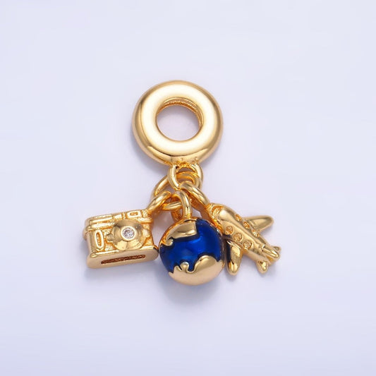 24K Gold Filled Travel Globe Plane Camera Rhondelle Drop Pendant | W787