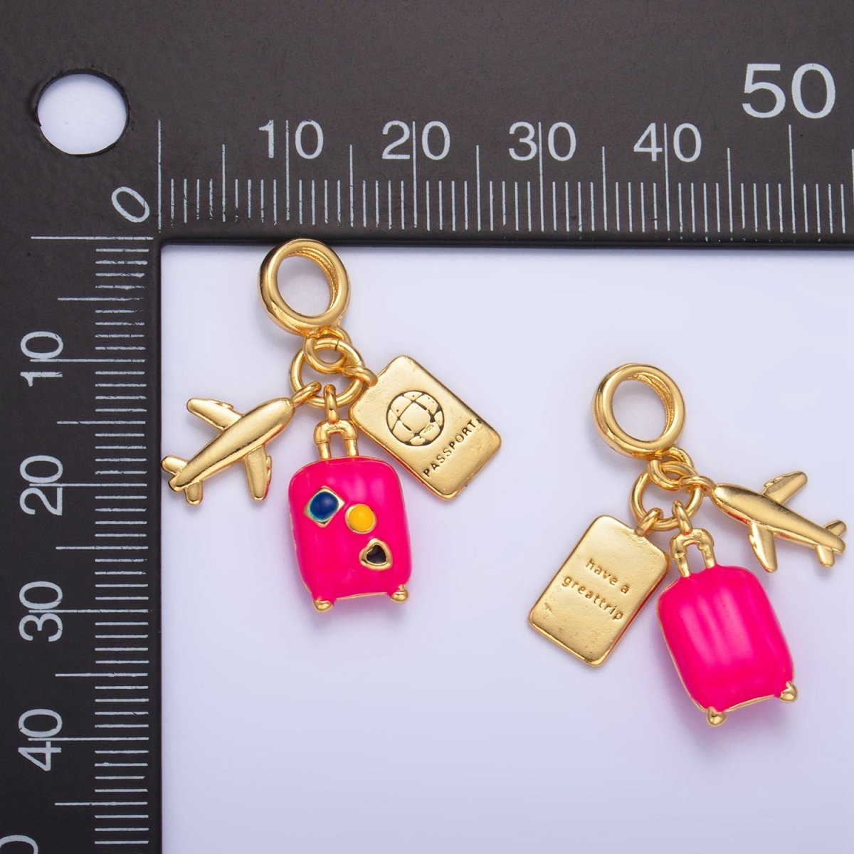 24K Gold Filled Travel Luggage Passport Airplane Multidimensional Rhondelle Drop Charm | AG826