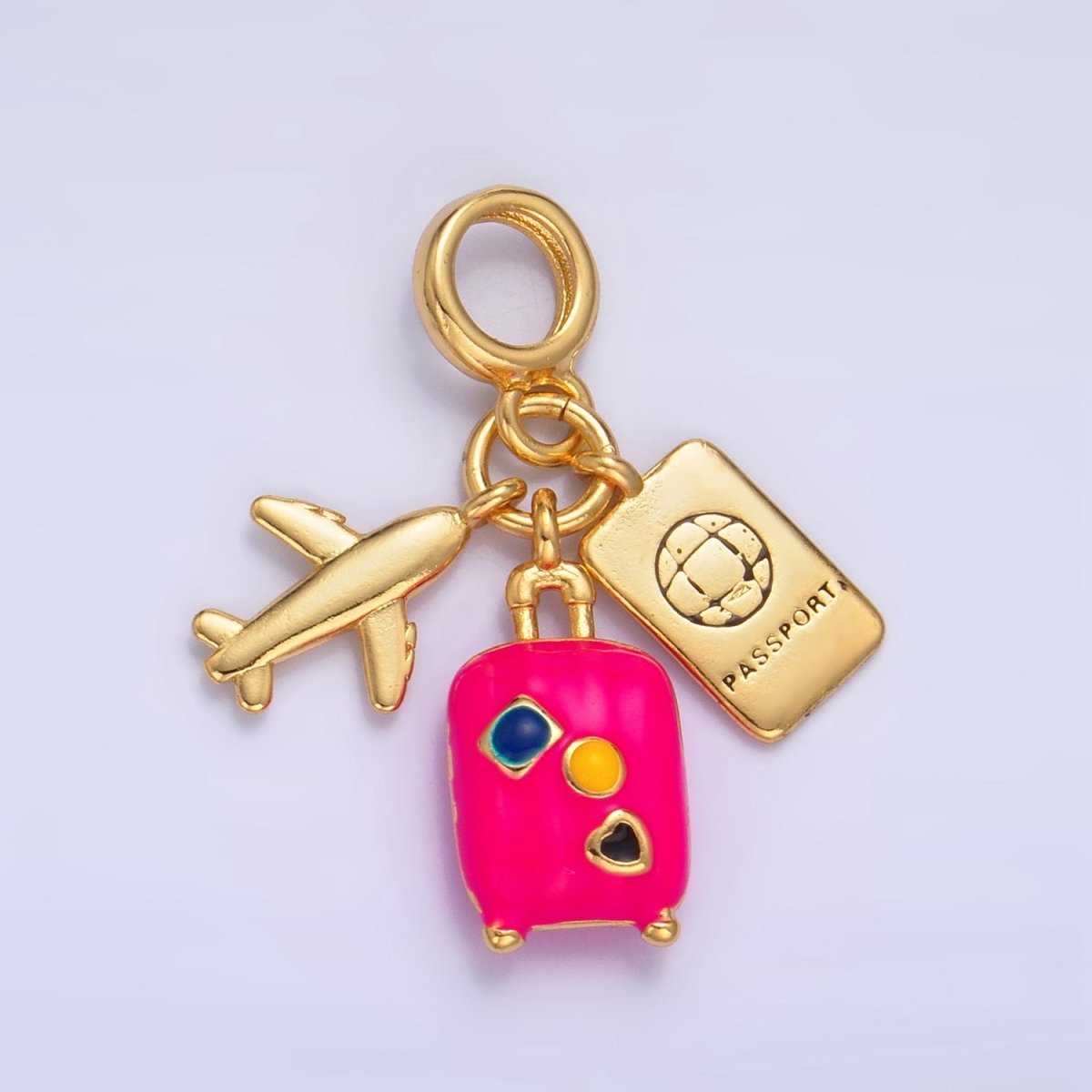 24K Gold Filled Travel Luggage Passport Airplane Multidimensional Rhondelle Drop Charm | AG826