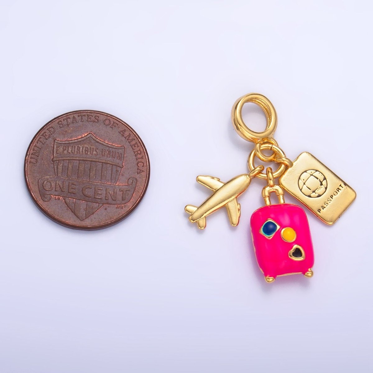 24K Gold Filled Travel Luggage Passport Airplane Multidimensional Rhondelle Drop Charm | AG826