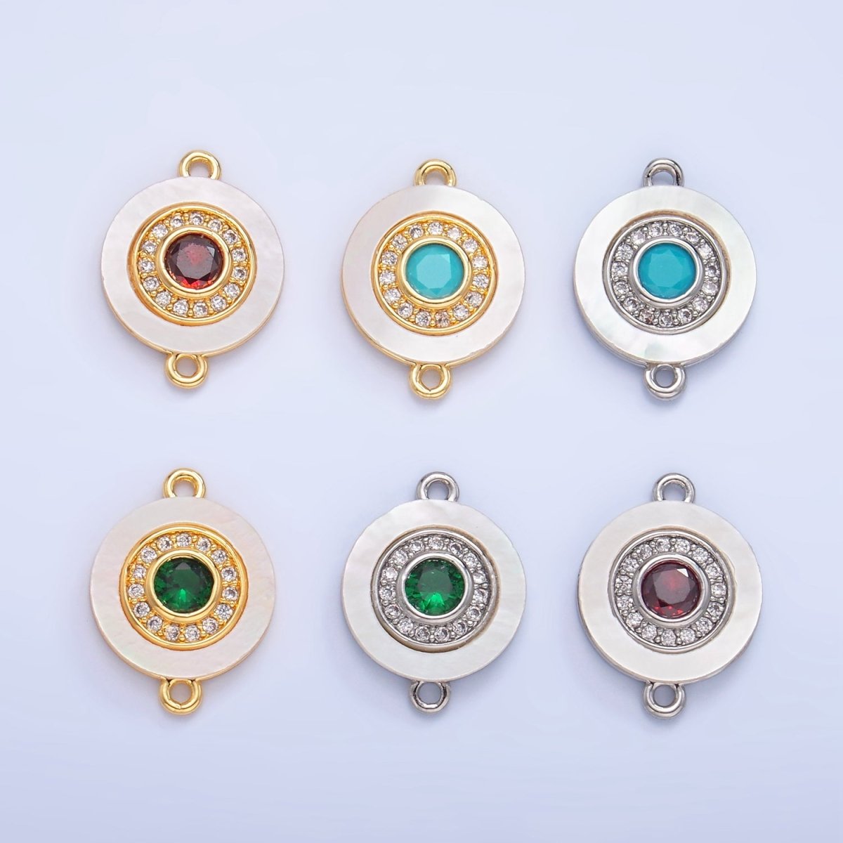 24K Gold Filled Turquoise, Green, Red CZ Shell Pearl Round Connector | F769 - F793