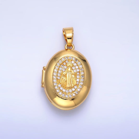 24K Gold Filled Virgin Mary Micro Paved CZ Oval Locket Pendant | AA1088
