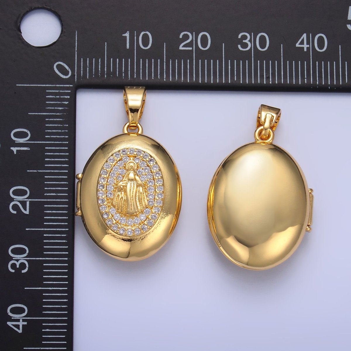 24K Gold Filled Virgin Mary Micro Paved CZ Oval Locket Pendant | AA1088