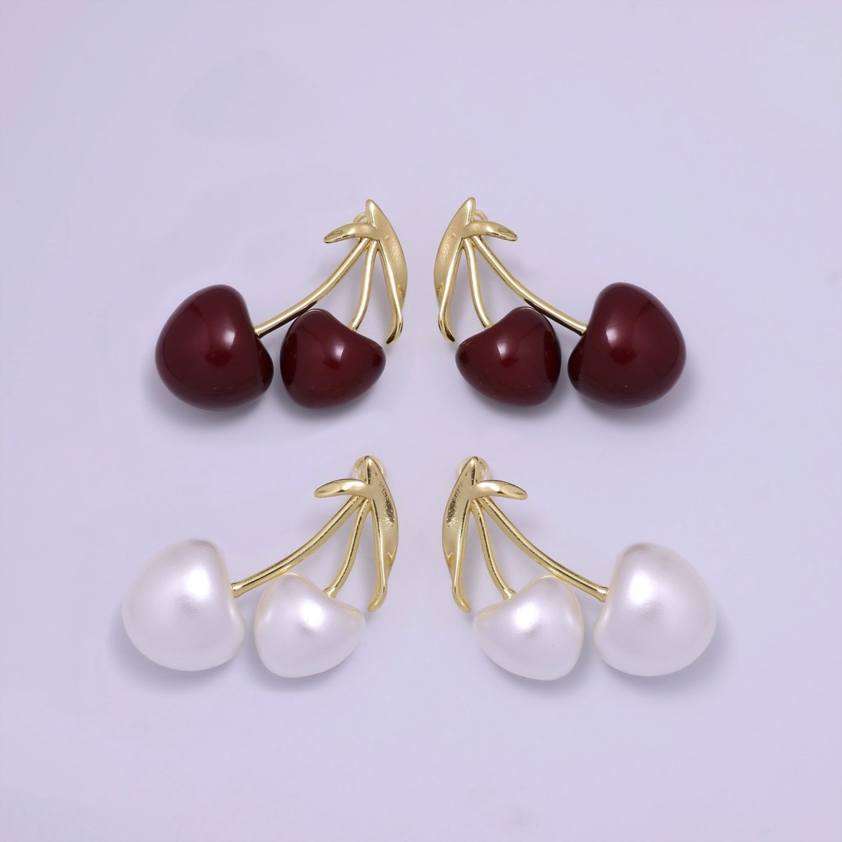 24K Gold Filled White, Red Heart Cherry Fruit Stud Earrings | AB1099 AB1100