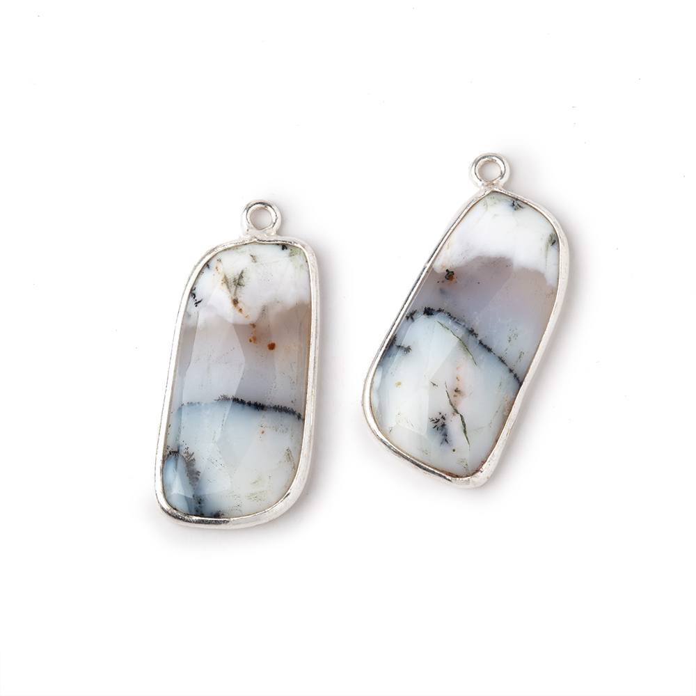 24x12mm .925 Silver Bezel Dendritic Opal Faceted Freeform Set of 2 Pendants