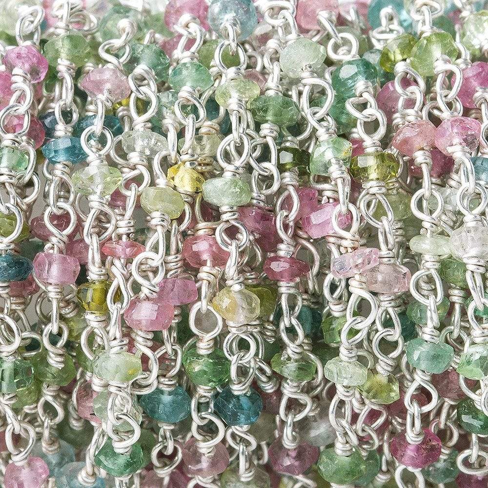 2.5-3mm Multi Color Tourmaline plain rondelle Silver Chain by the foot