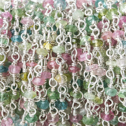 2.5-3mm Multi Color Tourmaline plain rondelle Silver Chain by the foot
